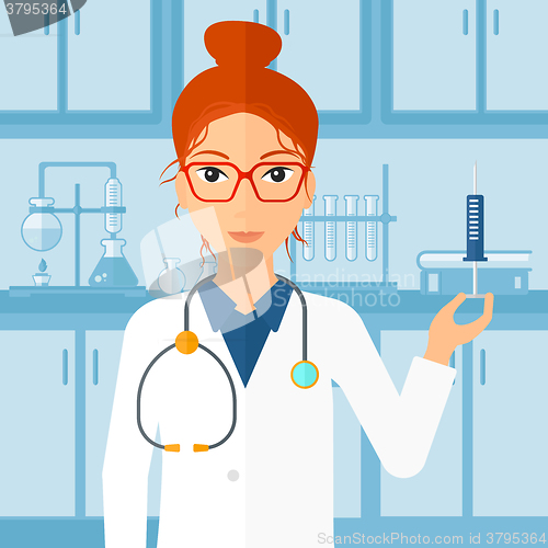 Image of Doctor with syringe in laboratory.