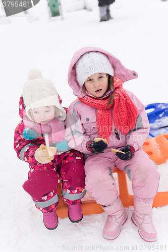 Image of portrait of two little grils sitting together on sledges