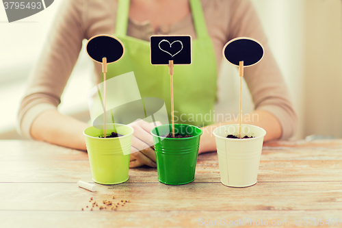 Image of close up of woman over pots with soil and signs