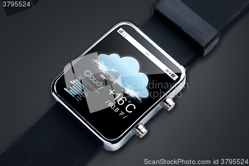 Image of close up of smart watch with weather forecast app