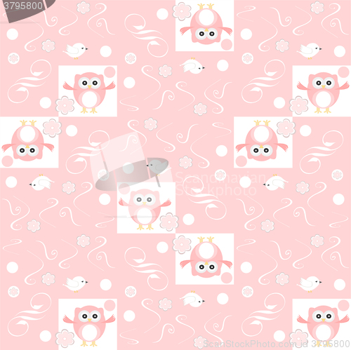 Image of Cute floral seamless background with pink owls