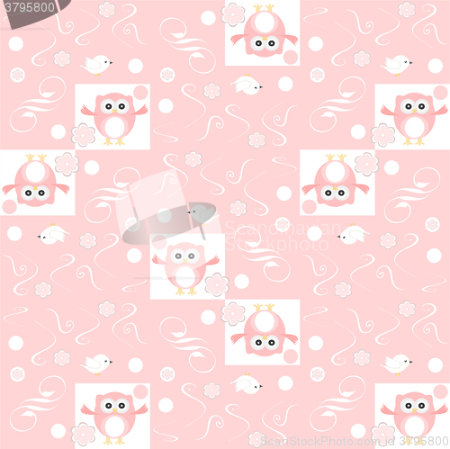 Image of Cute floral seamless background with pink owls