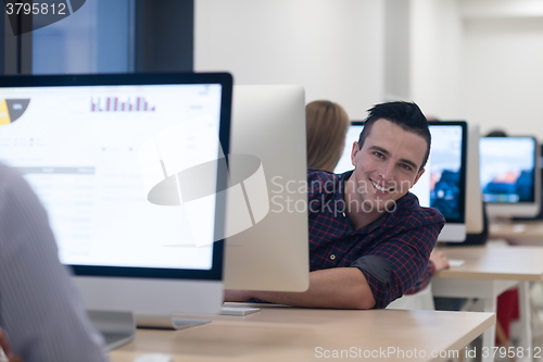 Image of startup business, software developer working on desktop computer
