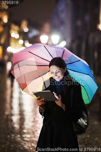 Image of Brunette woman using tablet on the street on rainy day