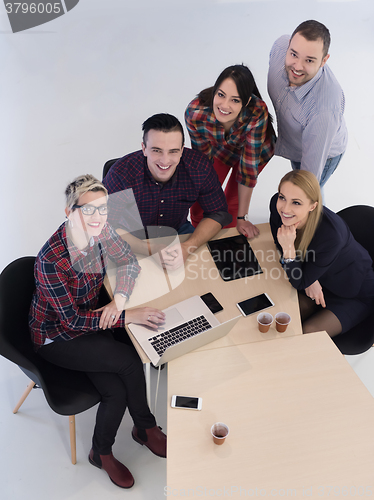 Image of aerial view of business people group on meeting