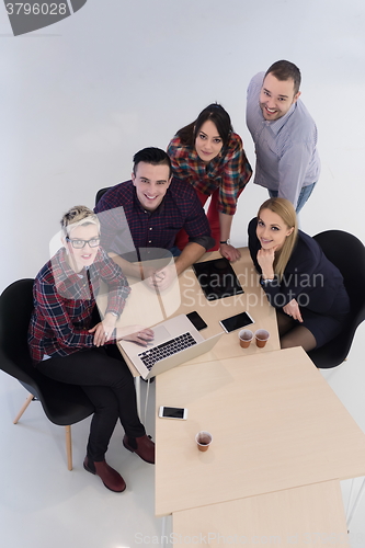 Image of aerial view of business people group on meeting