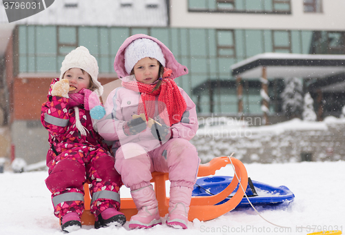 Image of portrait of two little grils sitting together on sledges