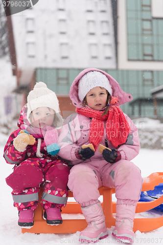 Image of portrait of two little grils sitting together on sledges