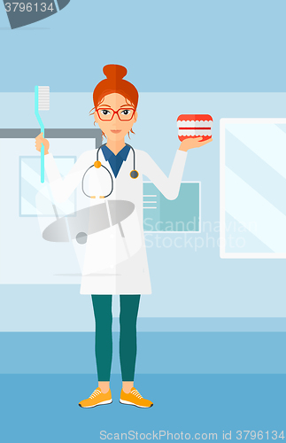 Image of Dentist with dental jaw model and toothbrush.