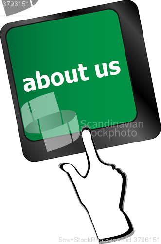 Image of Marketing concept: computer keyboard with word About Us, selected focus on enter button background, 3d render