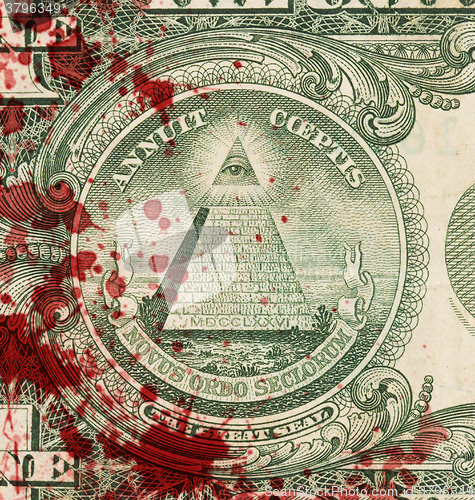 Image of US one Dollar bill, close up, blood