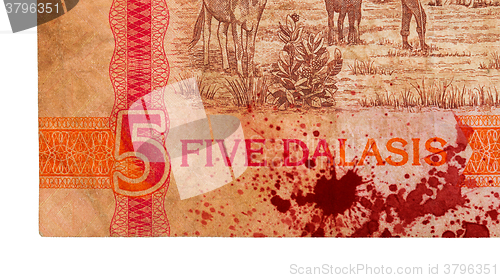 Image of 5 Gambian dalasi bank note, bloody