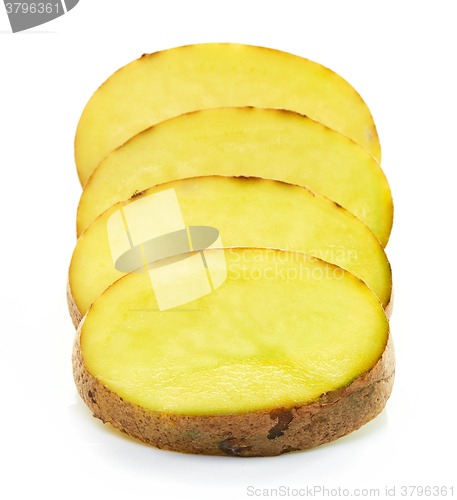 Image of sliced potato on white background