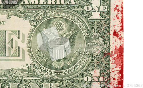 Image of US one Dollar bill, close up, blood