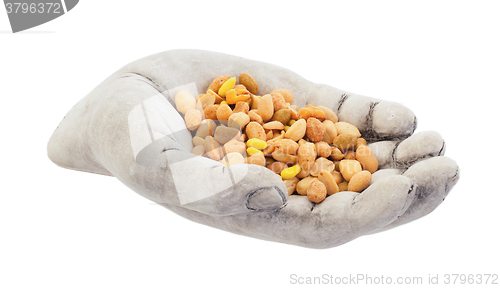 Image of Fresh mixed salted nuts in a bowl (hand), peanut mix