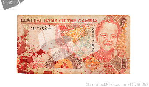 Image of 5 Gambian dalasi bank note, bloody