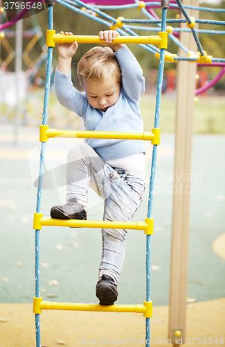 Image of Cute little boy climbing on a jungle gym