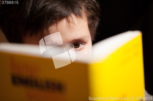 Image of Young boy concentrating on reading a book