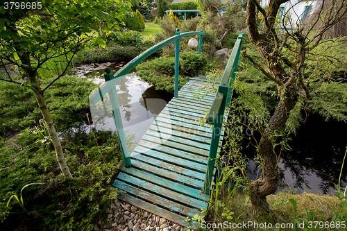 Image of small green footbridge over a pond