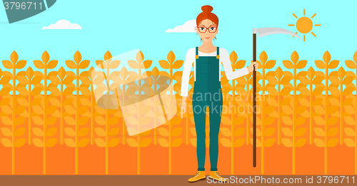 Image of Farmer on the field with scythe.