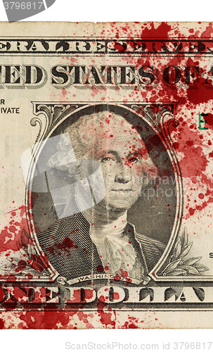 Image of US one Dollar bill, close up, blood