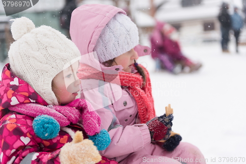 Image of portrait of two little grils sitting together on sledges