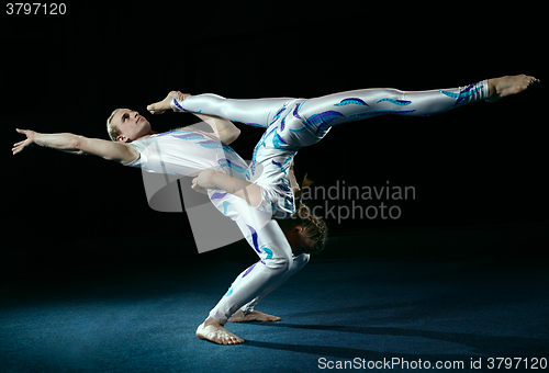 Image of Circus artists perform different tricks.