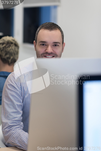 Image of startup business, software developer working on desktop computer