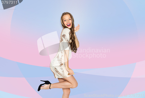 Image of happy young woman or teen girl in fancy dress