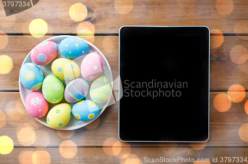 Image of close up of easter eggs and blank tablet pc
