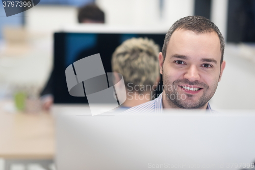Image of startup business, software developer working on desktop computer