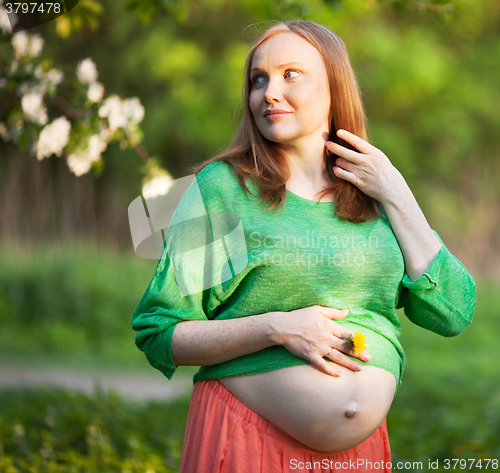 Image of Pregnant woman in the light of evening sun outdoor