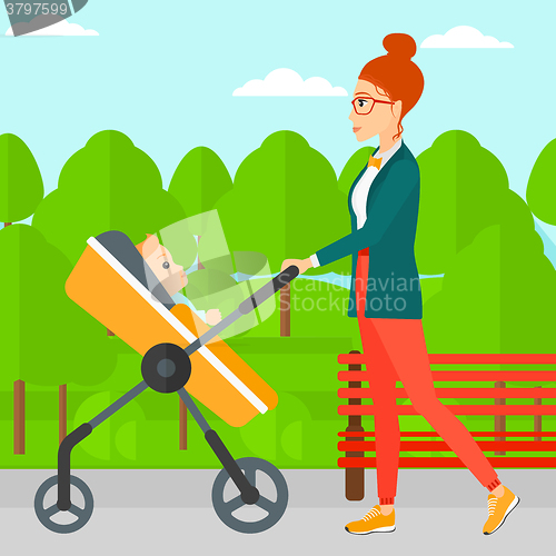 Image of Woman pushing pram.