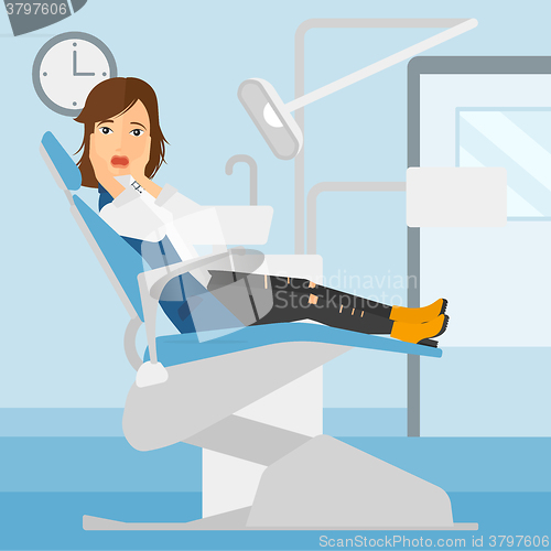 Image of Frightened patient in dental chair.