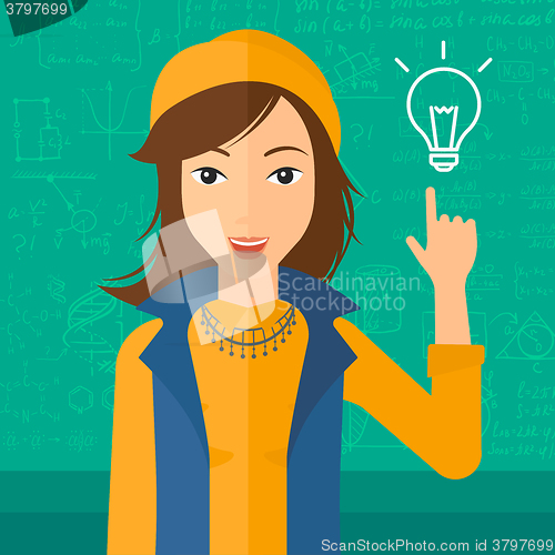 Image of Woman pointing at light bulb.