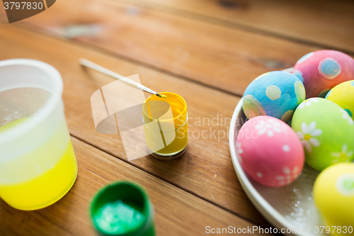 Image of close up of colored easter eggs on plate