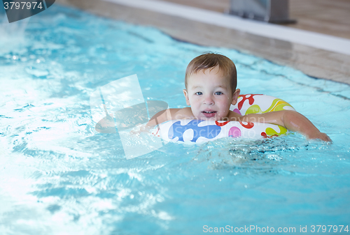 Image of Kid learns to swim using a plastic water ring