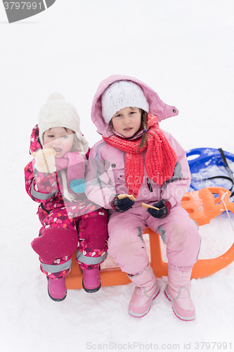 Image of portrait of two little grils sitting together on sledges