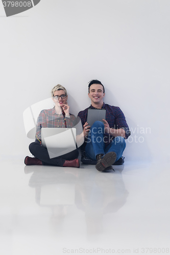 Image of startup business, couple working on laptop computer at office