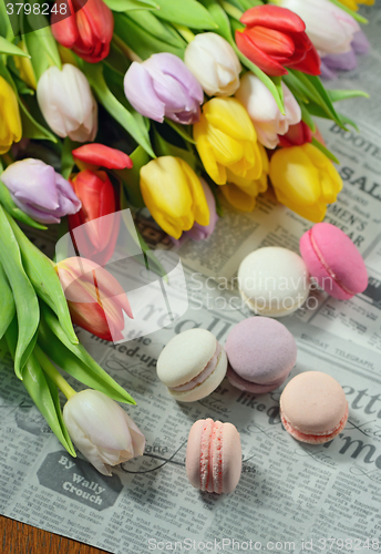 Image of Colorful tulips and macaroons