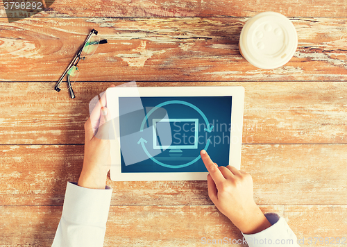 Image of close up of female hands with tablet pc and coffee