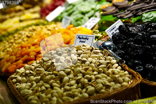 Image of Pistachio and prunes at the La Boqueria market.