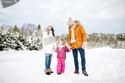 Image of happy family with child in winter clothes outdoors