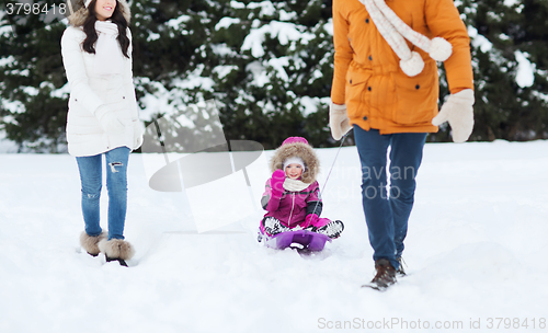 Image of happy family with sled walking in winter forest