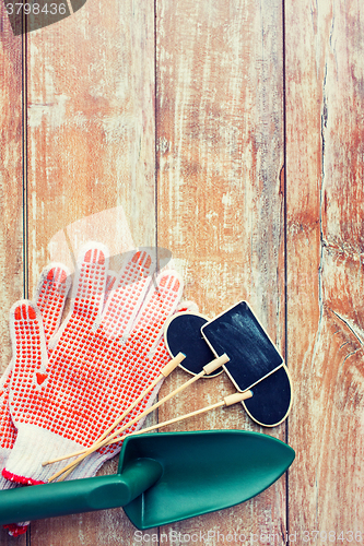 Image of close up of trowel, nameplates and garden gloves