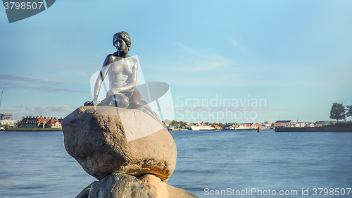 Image of Little Mermaid statue on rock in Denmark