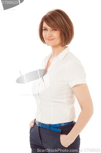 Image of Smiling adult woman looking away 