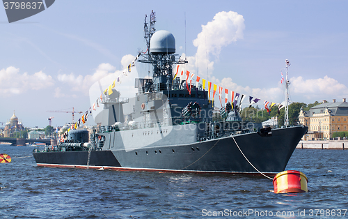 Image of Military ship on Neva river, St. Petersburg