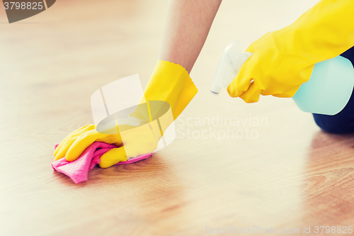 Image of close up of woman with rag cleaning floor at home