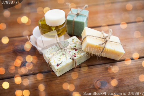 Image of close up of handmade soap bars on wood